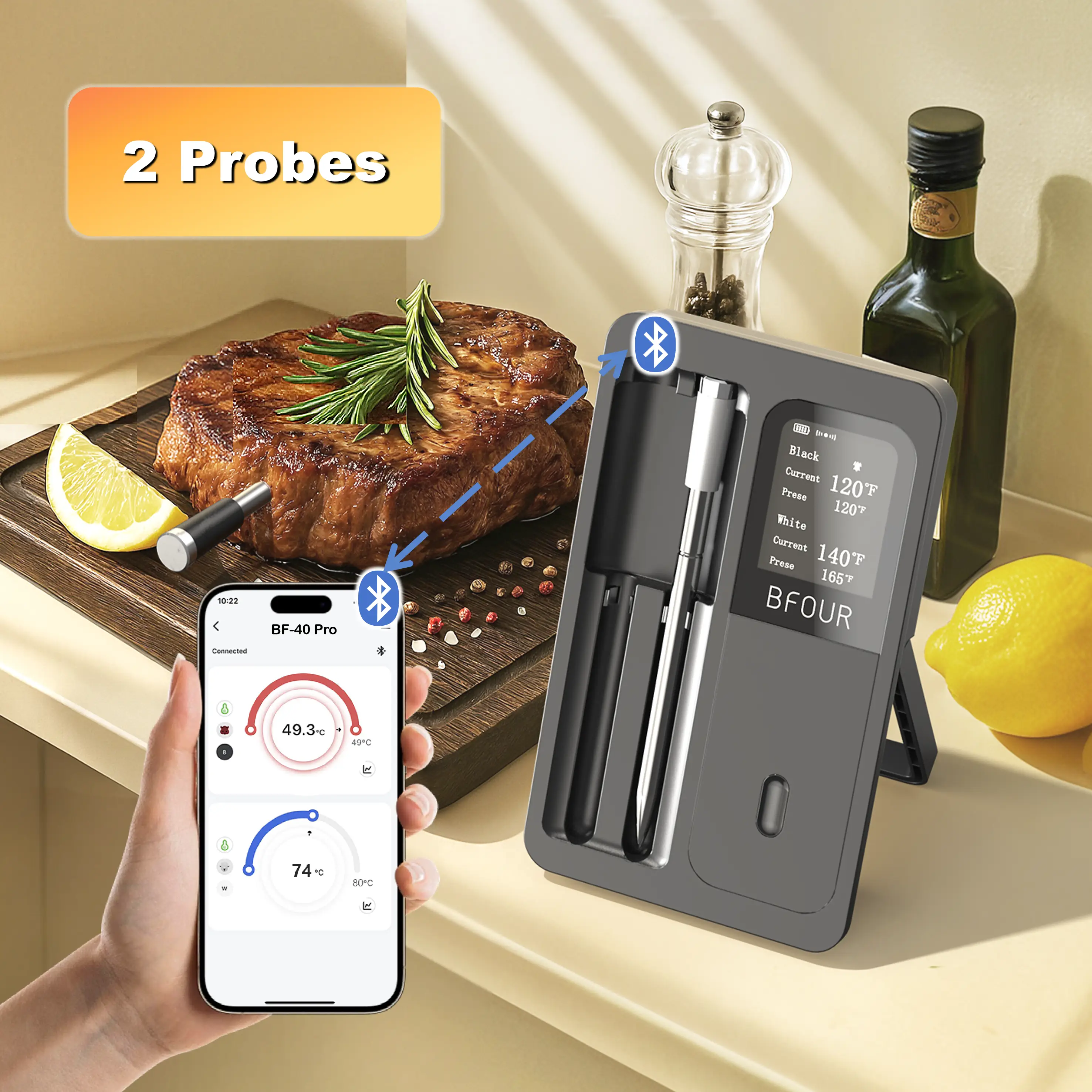 Dual-Probe Wireless Meat Thermometer, 328FT Bluetooth Digital Smart Cooking Thermometer for Grill, BBQ, Kitchen Gadgets, Utensil Stainless Stainless S