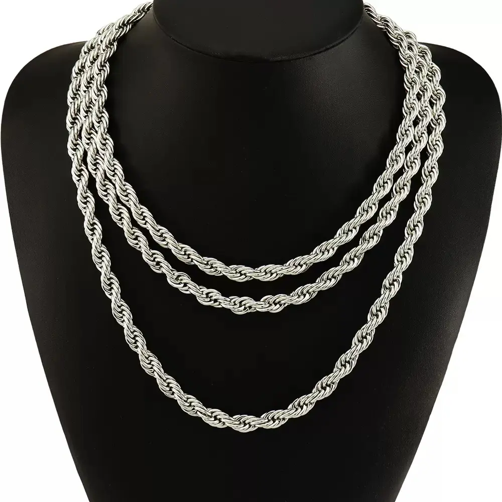 24 Inch Silver Tone Twisted Rope Chain Necklace 3 Different Widths Hip Hop Style for Men