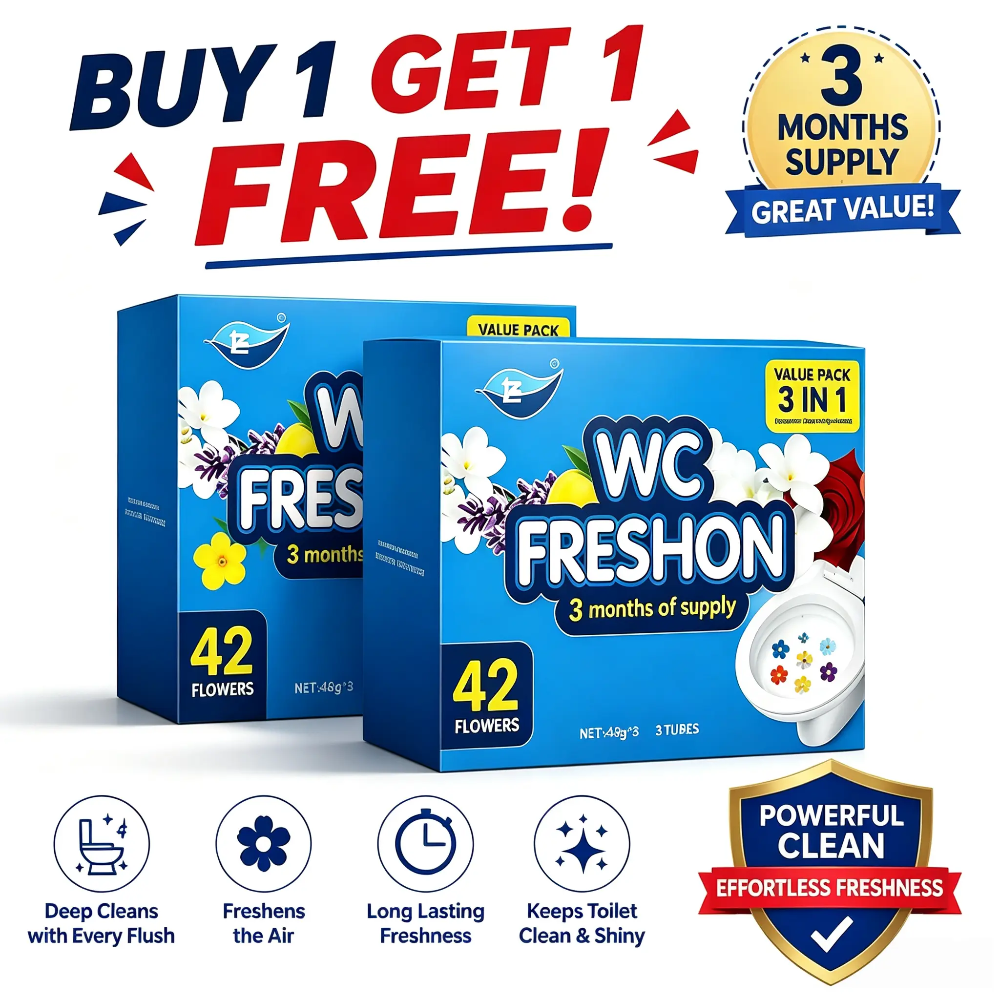 Buy1 Get 1 Free, 3-in-1  Bowl Cleaner & Deodorizer, Flush Activated Freshening , No Scrub Cleaning, Long Lasting Fragrance, Colorful  Design (3 Months Supply) scent gel 3-tubes toilet gel stamp box refill long-lasting flower multiple pack summervibes