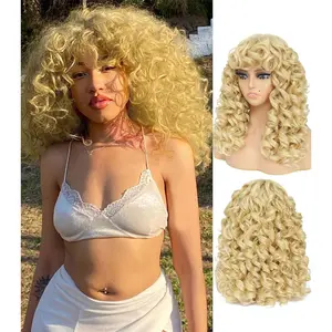 GKtineke 20-Inch Blonde Big Curly Afro Wig with Bangs, Synthetic Material Wigs for Female, Hair Replacement Option for Cosplay and Daily Use