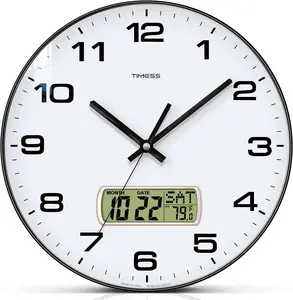 TIMESS 12 inch wall clock, 4-color large dial silent, can display perpetual calendar, living room, office, decoration Gift Glass Bedroom Frame Black Home Goods