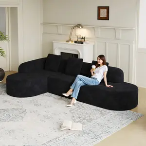 111.8-inch three-seater frameless sofa, comes with three throw pillows, L-shaped curved modular sofa, curved backrest, modern design, made with long-pile polyester fabric in a leather-grain texture, no assembly required