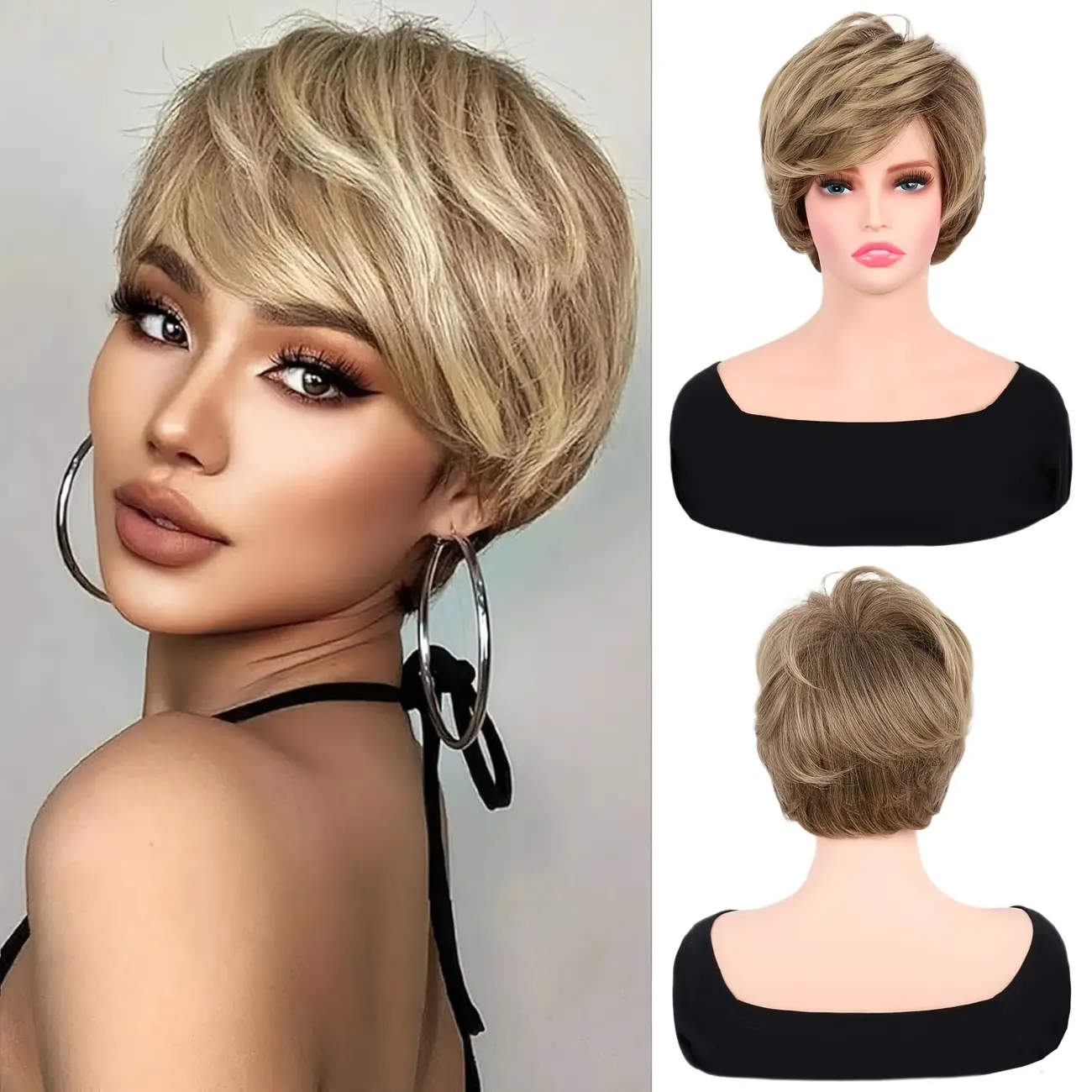 Halloween Costume Wig Short Blonde Wig Layered Pixie Cut Wig With Bangs Synthetic Wig For Women