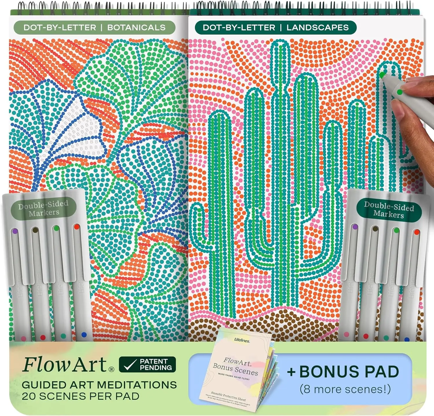 Lifelines FlowArt Guided Art Meditations – 2-Pack, 3-Pack, 4-Pack and MINI Activity Pads with Themed Markers – Dot-by-Letter, Hidden Patterns, Pogo-Dot, Mosaic Designs, UV Art, or Dot-Pop - Coloring Books for Teens, Adults & Seniors