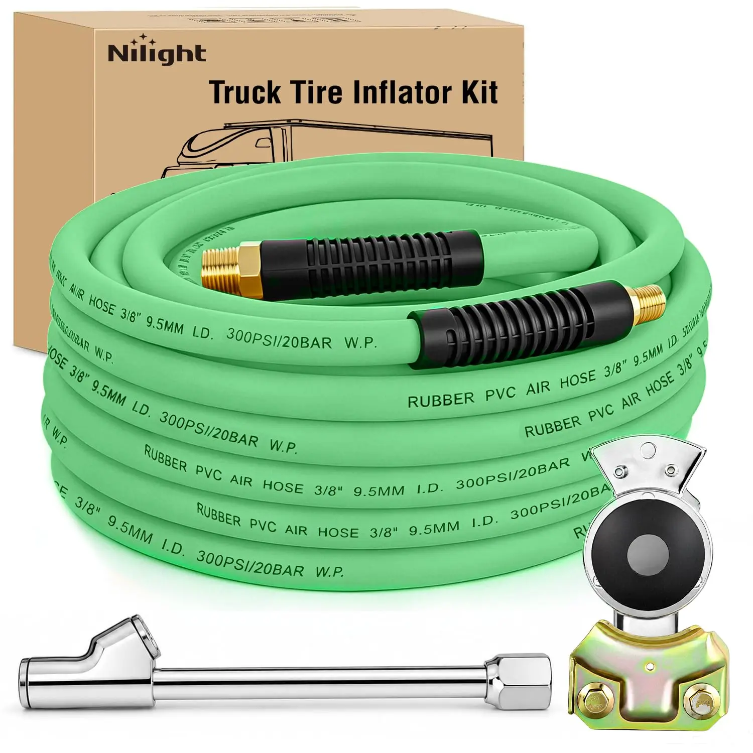Nilight Heavy Duty Semi Truck Tire Inflator Kit, 3/8 in x 50 FT Hybrid Air Hose with Universal Glad Hand, Air Chuck, 1/2'' NPT Threads, Aluminum Bend Restrictors, 300 PSI, All Seasons, Lightweight Kink Resistant for Semi Trailer Tractor Tire Inflation, Va