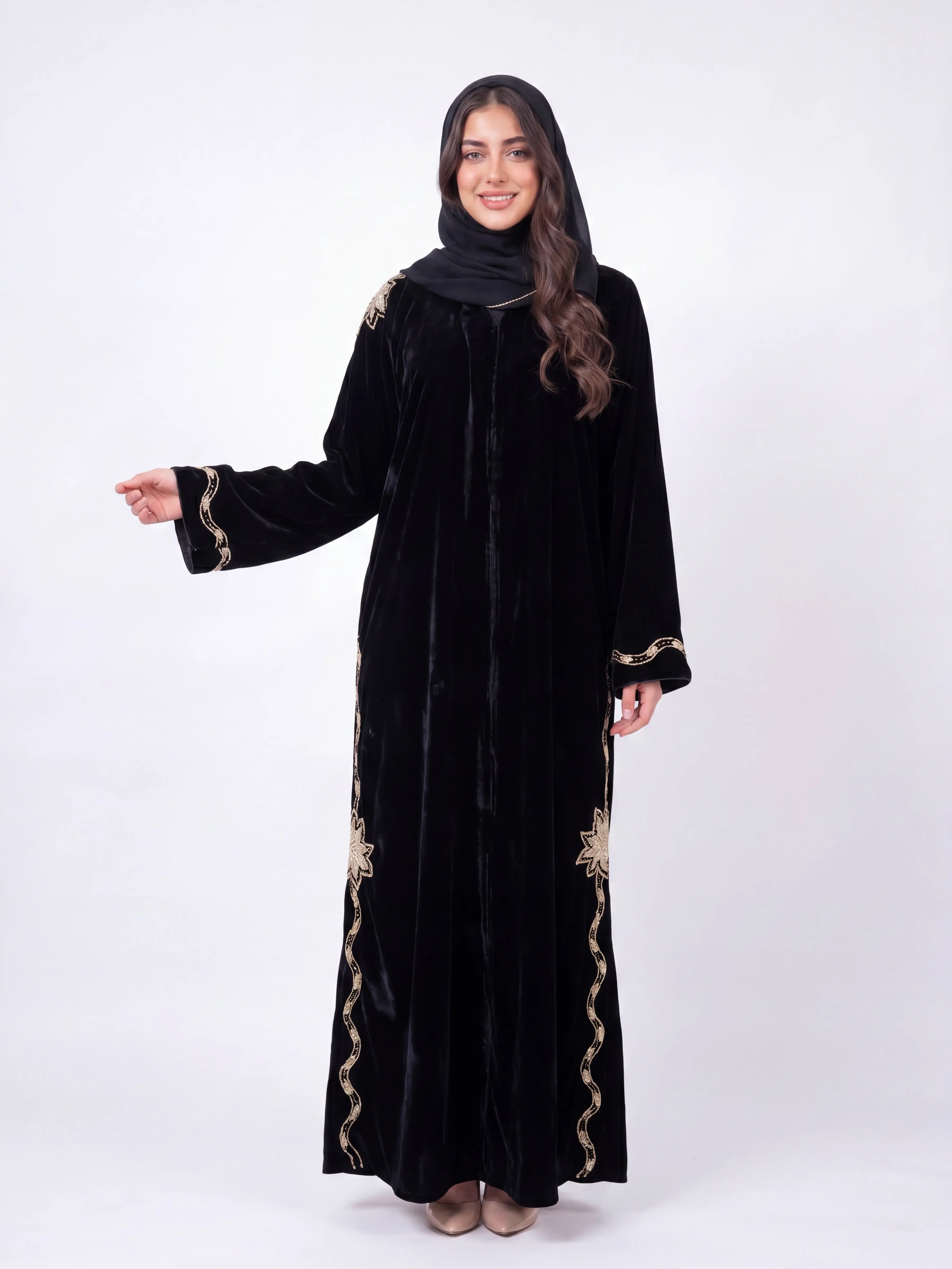 Women's Huda Velvet Embroidered Abaya Set - Hijab Included, Modest Fashion Inspo, Muslim Clothing, Traditional Dress, Perfect for Eid, Ramadan Gifts for Her, Abaya Fashion