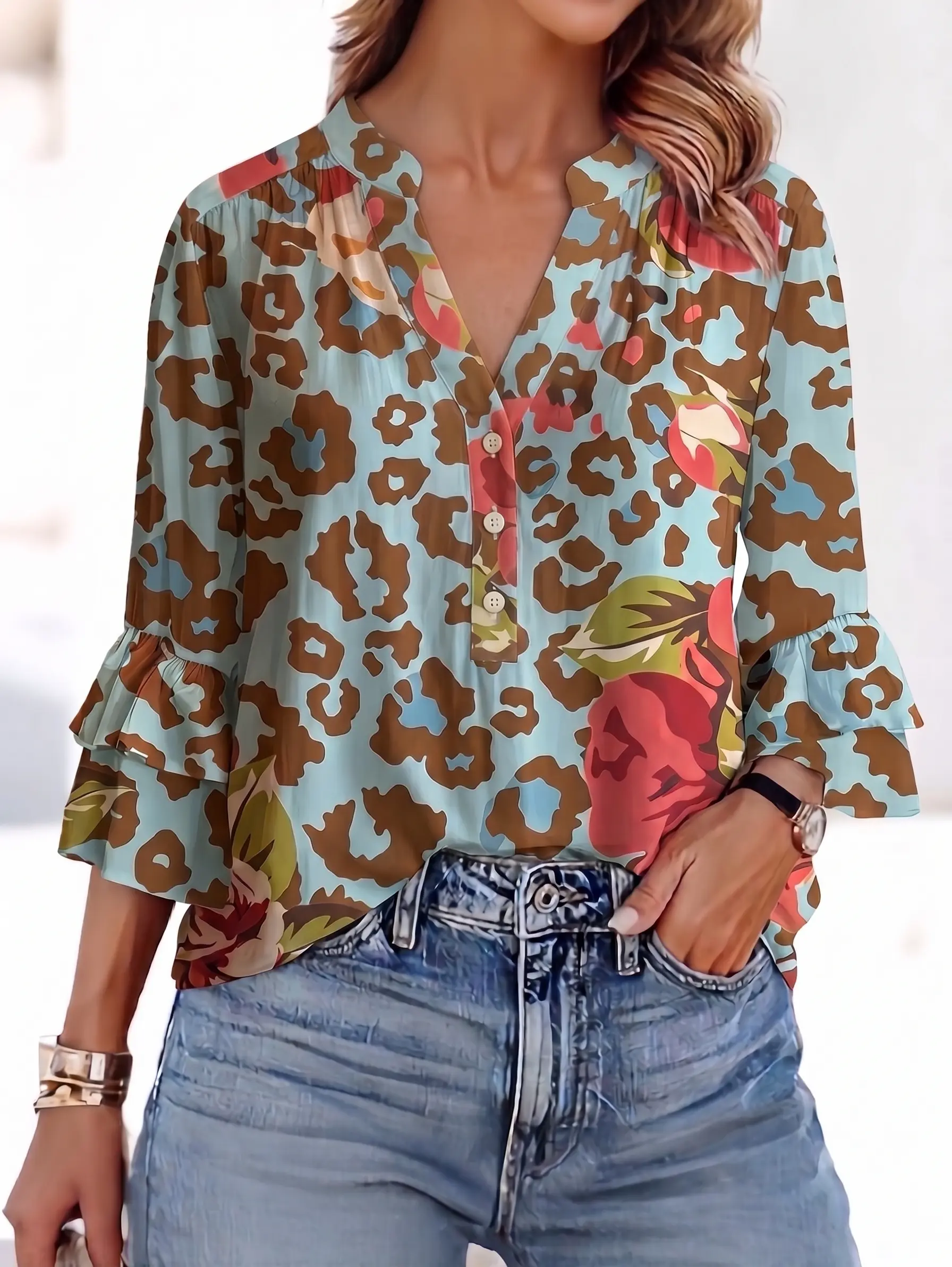 Women’s Vintage Oversized Turquoise Animal Print & Floral Rose Graphic Denim Blouse - Button-Front, 3/4 Bell-Sleeves, Buckle Belt, Ruffle, Statement Shirts, Summer Concert Outfit, Chic Brown Womenswear Top