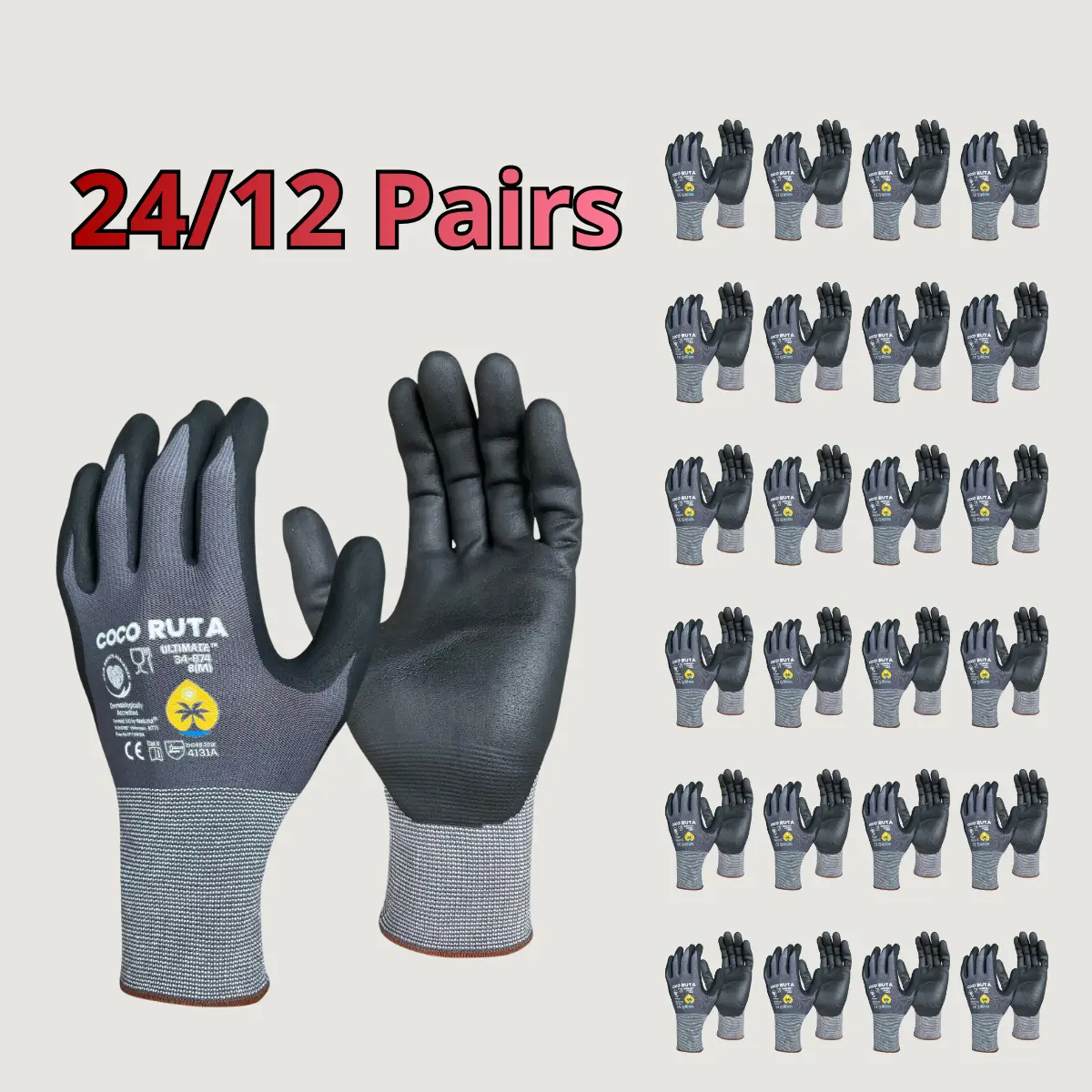 24/12 Pairs Cocoruta Gloves Nitrile Micro-Foam Grip Palm & Fingers for Excellent Grip and Abrasion Resistance - Ideal for Cleaning and Hand Protection