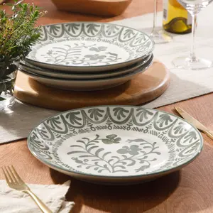 Bloomhouse - 2-Time Oprah’s Favorite Things - Valencia Flor 4 Piece 10.75” Dinner Plate Set, Stoneware Plates, Mediterranean Floral Decal Design, Microwave & Dishwasher Safe, Fern Green