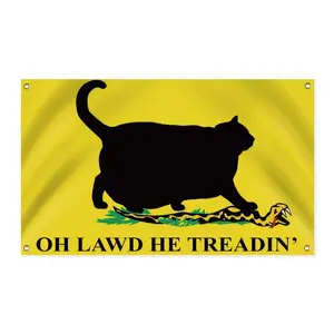 Oh My Goodness, He Is Stepping on It! A Humorous Banner Featuring a Chubby Cat, Measuring 3X5 Feet (90X150 Cm), Made of Vibrant Yet Weathered Polyester. It Is Double-Stitched And Includes Brass Grommets for Easy Outdoor Display.