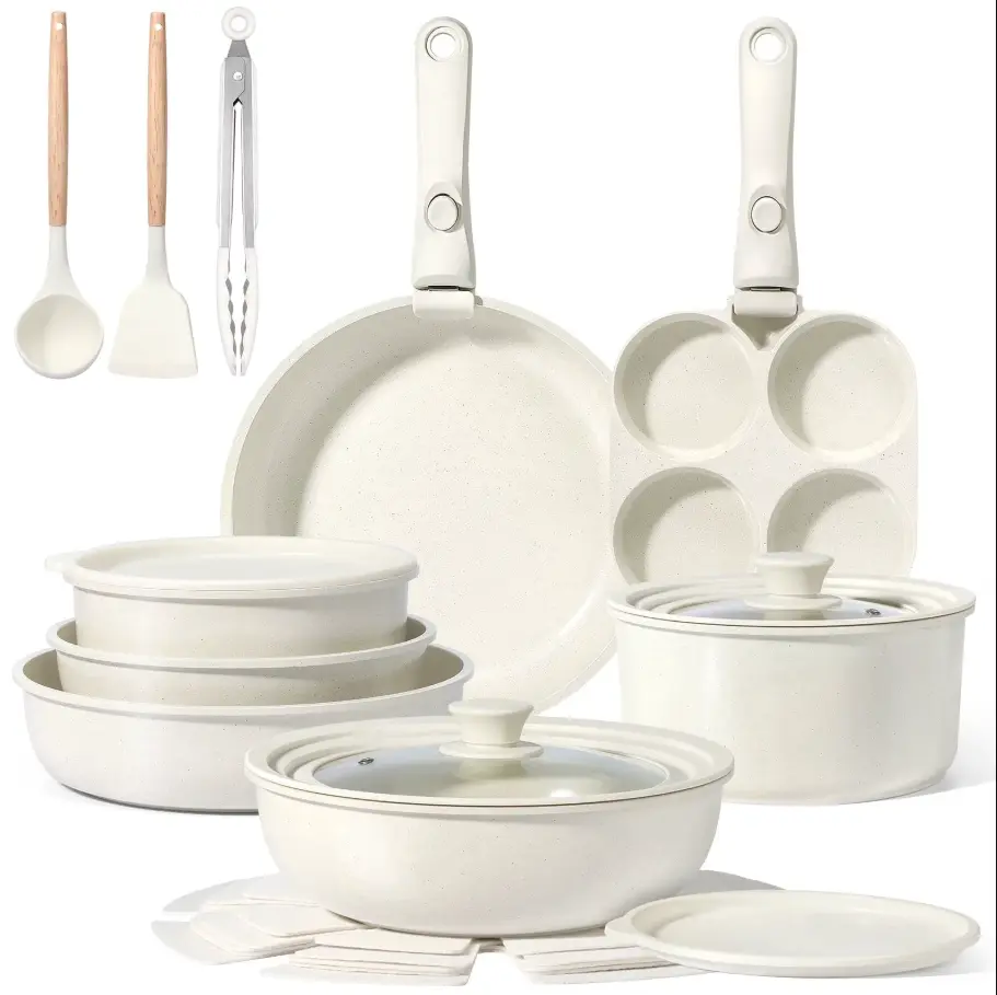 21-Piece Aluminum Ceramic Nonstick Pots and Pans Set - Multi-Size Round Pots, Detachable Handles, Oven Safe, Dishwasher Safe, Induction Compatible, Stackable Kitchen Cookware for Home Cooking & RV Use