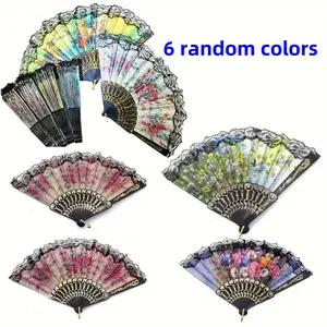 6 Fringed Hand Fans with Artistic Vintage Floral Design, Summer Chinese Style Accessory Folding Fans for Women, Perfect for Dance and Photography Props, Flower Design, Wedding Hand Fans