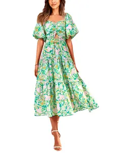 BTFBM Women Summer Dresses 2026 Casual Flowy Beach Square Neck Puff Short Sleeve Smocked Back Boho Floral Long Maxi Dress #Outdoorfun