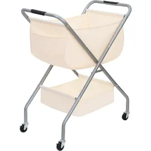 Collapsible Laundry Cart with Wheels 31.5"H Rolling Laundry Hamper Clothes Basket with Wheels, Canvas Liner Sturdy Frame Folding for Small Easy, Beige