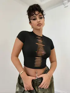 Women's Plain Hollow Out Round Neck Crop Tee, Casual Sexy Short Sleeve Crew Neck T-shirt for Summer, Fashion Women's Top for Daily Wear, Casual Fashionable Top, Womenswear