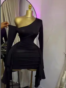 PULKRITU Elegant Women's Drop Shoulder Flare Sleeve Ruffle Side Mini Skirt, Tight Fit Bodycon Birthday Festival Sexy Dress, Fashionable Party Wear