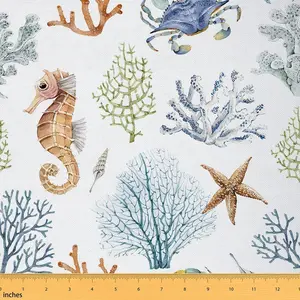 Feelyou Waterproof Seahorse Upholstery Fabric (3 yd) - Ocean-Themed Textile with Starfish, Crab, Coral Reef for Chair Reupholstery