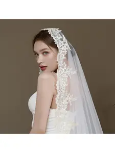 Long Cathedral Wedding Veil Lace Drop Veil with Champagne Lace Trim Elegant Bridal Accessory for Church Ceremony