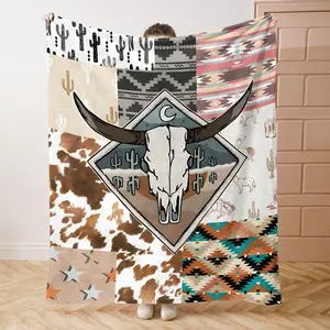 Lightweight Flannel Throw Blanket, Cute Cozy Western-Themed, Rustic Cowhide & Southwestern Prints, Dark Cartoon Highland Cow Design, 6-Day Star Accent, Lola Virgin Mary Worm Detail, Ideal for Bed/Sofa, Girlfriend Gift, Lightweight Flannel Blanket,summervi