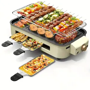 Smokeless electric grill, frying and grilling electric grill with removable non-stick tray and grill rack, with 3 mini pans, 1500W home grill, adjustable temperature, indoor grilling, kitchen utensils, stainless steel