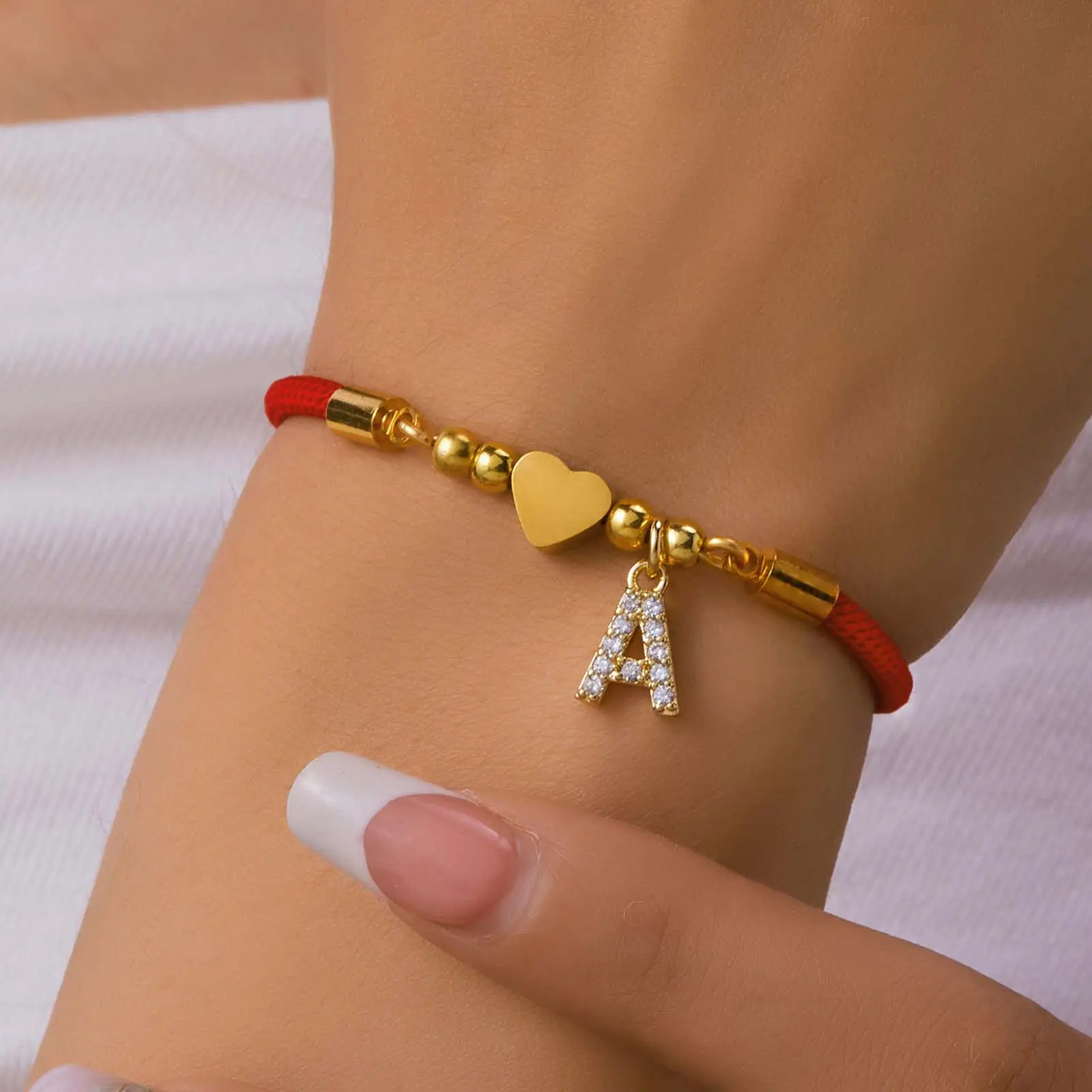 Zircon 26 English letter bracelet red rope stainless steel heart-shaped letter pull out adjustable male and female couple gift