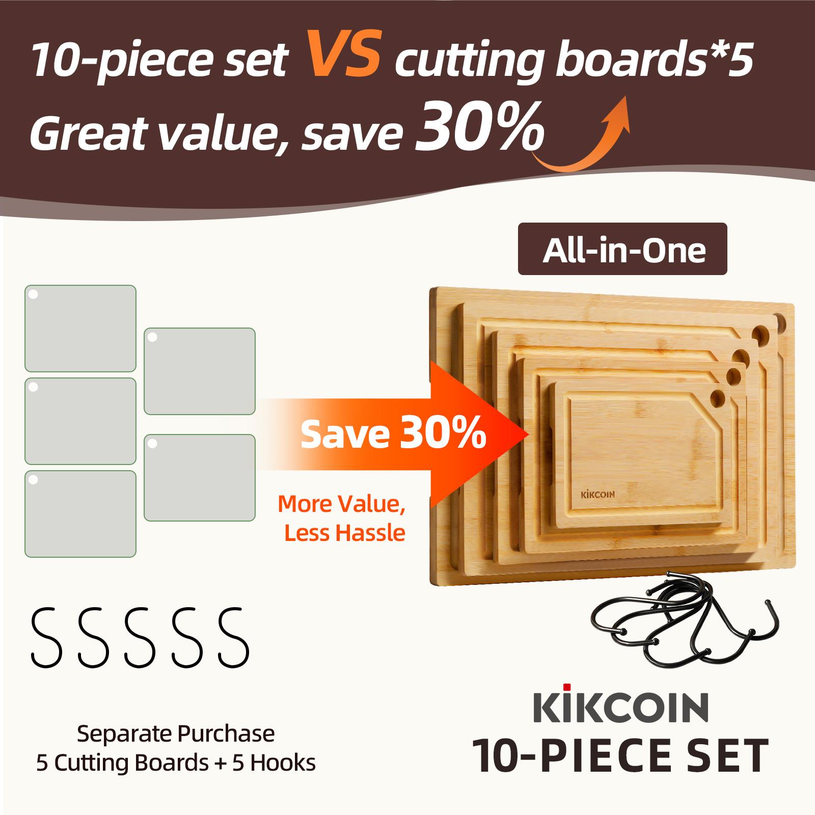 Kikcoin 10PCS Bamboo Cutting Board Set with Hooks and Tray, Natural Bamboo Kitchen Gadgets with Juice Grooves, Knife-Friendly Design, Space-Saving Storage, Easy to Clean and Maintain, Perfect Kitchen Gift for Family and Friends80's cutting board
