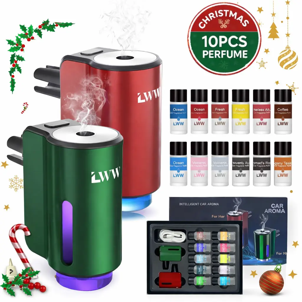 LWW Couple's 10-Pieces Aromatic Car Fragrance Set - Vanilla Coffee & Woody Scents, 8 Oils (10ml Each), Compact Design, New Car Scent, Accessory for Enhanced Vehicle Atmosphere