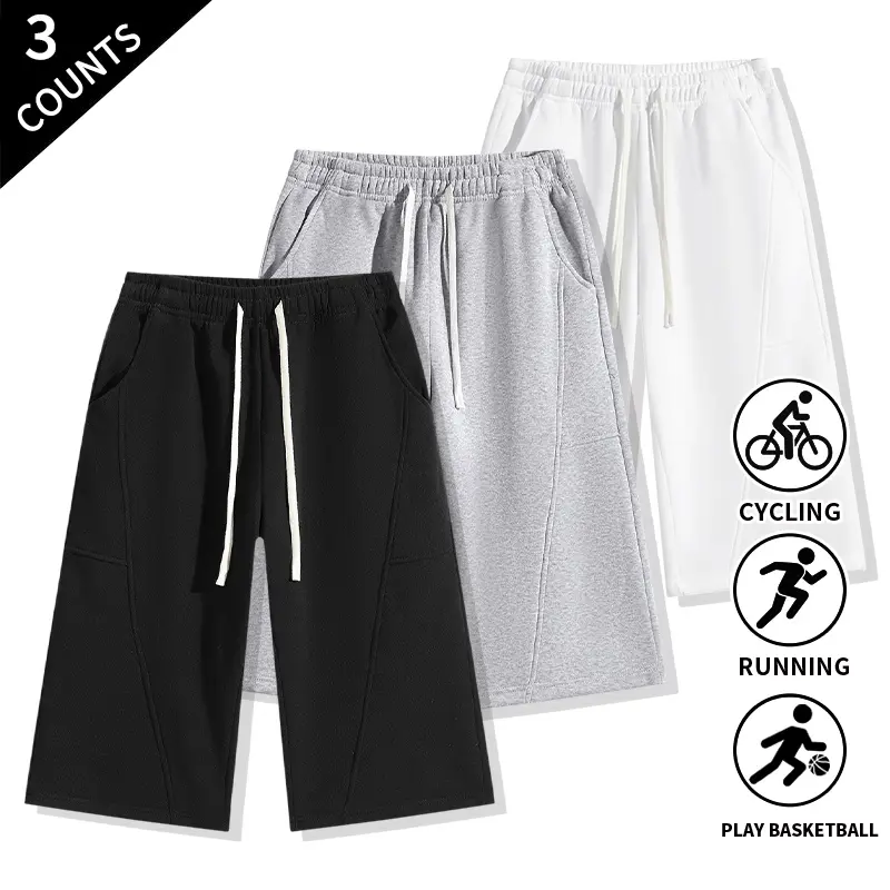 3-Pack Men’s Loose 3/4 Cropped Sweatpants with Elastic Drawstring Waist, Side Pockets, Split Seams – Casual Athletic Capri Pants for Everyday Street Outfits