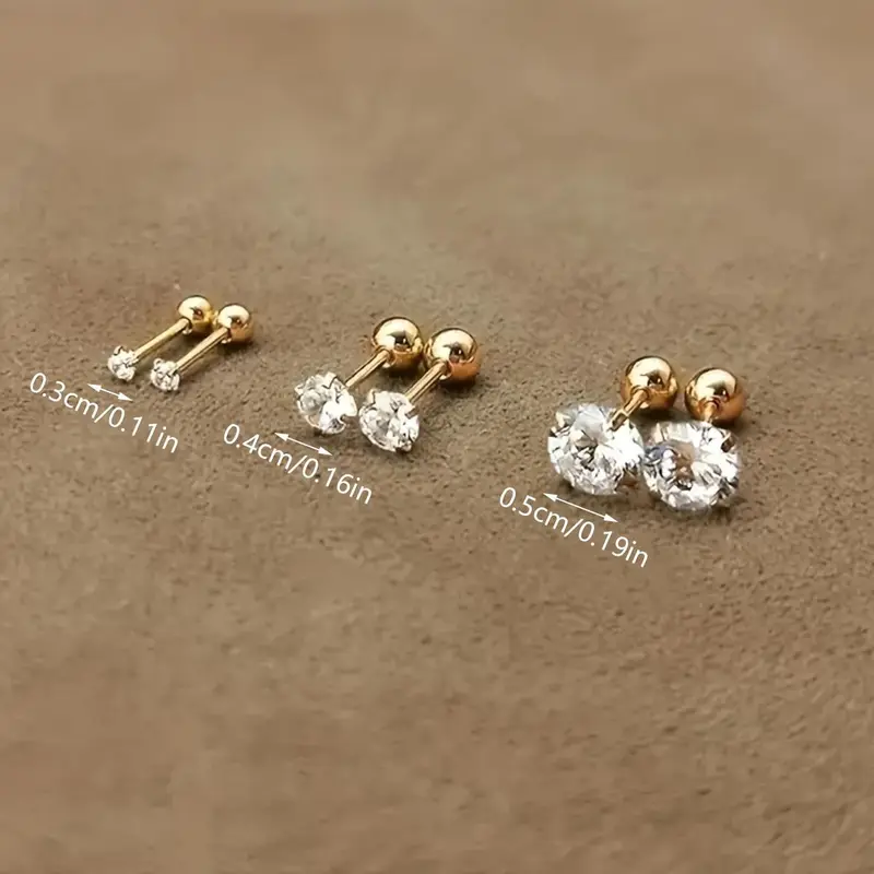 Women's 3-Set 18K Gold-Plated Stainless Steel Classic Gold Ball Earrings - 4-Prong Spherical Twisted Cubic Zirconia Bundle Set Studs for Female Jewelry & Ear Stacking