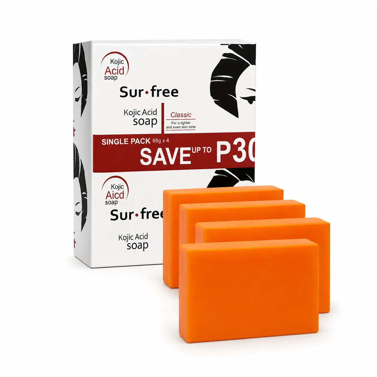 Sur·free Kojic Acid Soap Bars, 4-Pack Brightening Body Cleansing Bar for Uneven-Looking Skin, Creamy Lather Daily Bath Soap, 65g Each