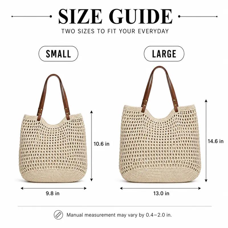 Crochet Tote Bag for Women, Hollow Out Knitted Mesh Shoulder Bag with Faux Leather Handles, Summer Beach Bag, Boho Woven Purse for Travel, Vacation, Shopping & Daily Use, Lightweight Casual Tote, Everyday Carry Bag