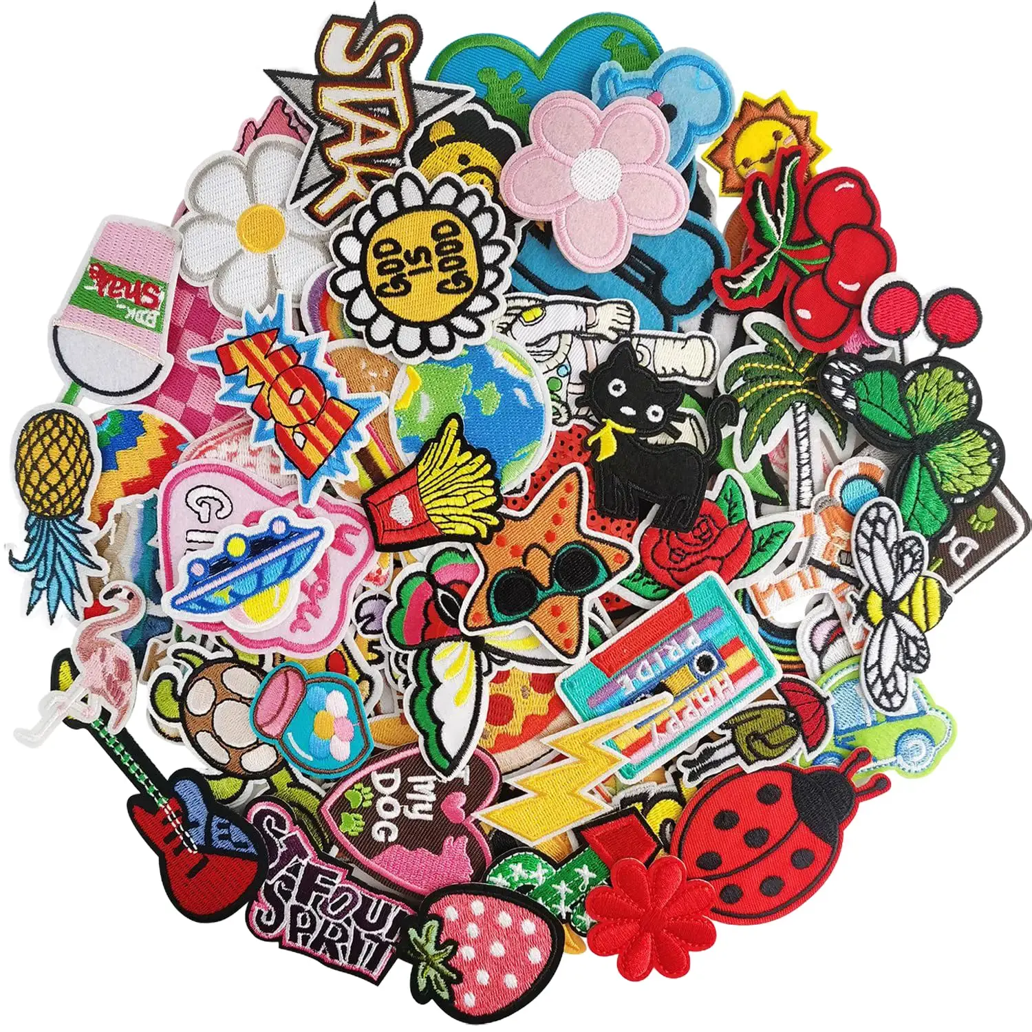 100PCS Unique Random-Packed Funny Flower Iron-On Embroidered Patches - Embroidered Flowers, Rhinestone Floral Appliques for DIY Clothes, Bags, Flower Iron On Patches