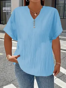 Women's Casual Style Notched-Neck Short Sleeve Button Decor Blouse, Fashion Solid Color Fitted Top