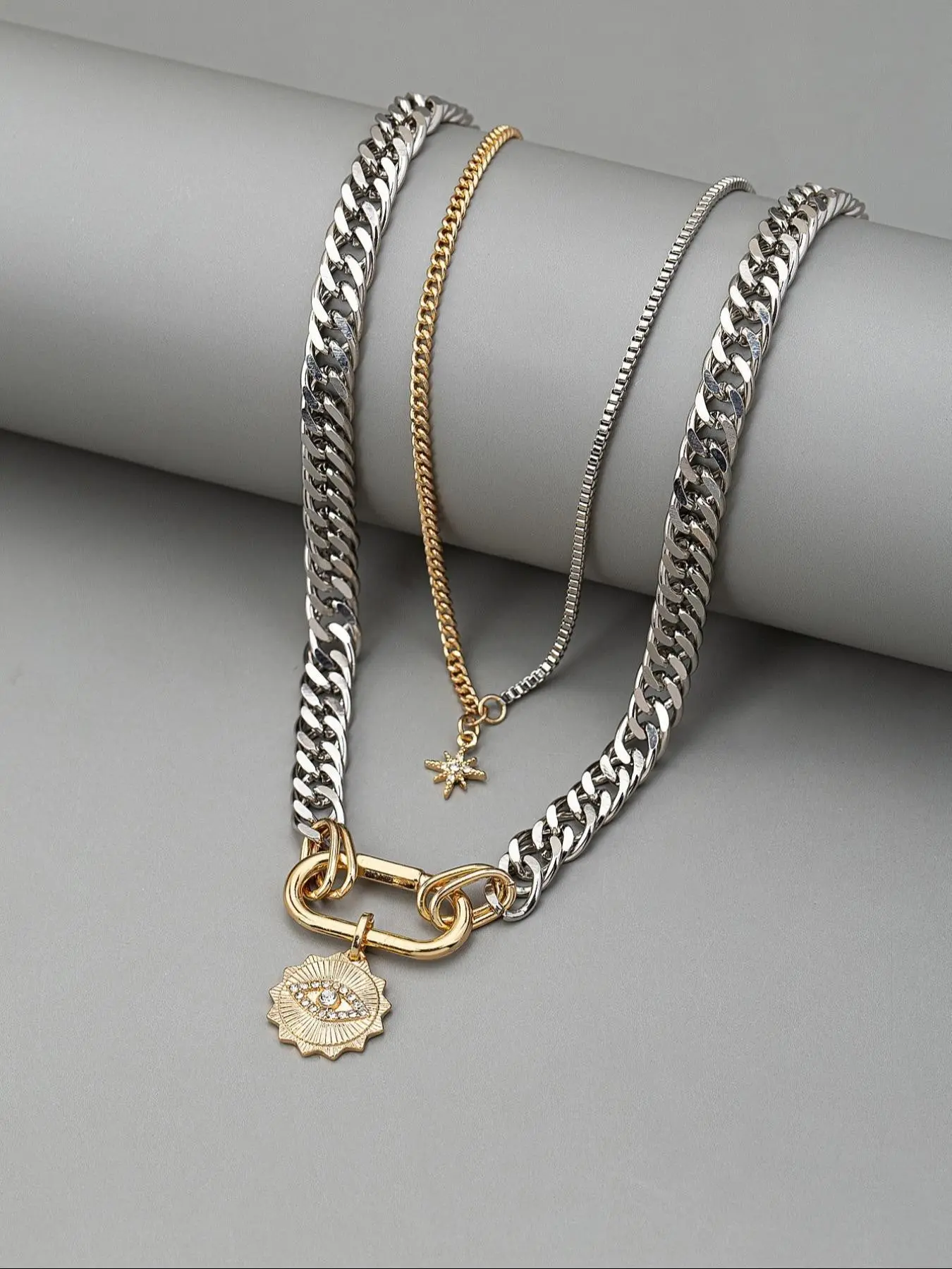 Metallic Two-Tone Layered Necklace, Casual Chain Print Design, Perfect for Daily Wear, Ideal Gift for Teachers, All-Season Fashion Accessory