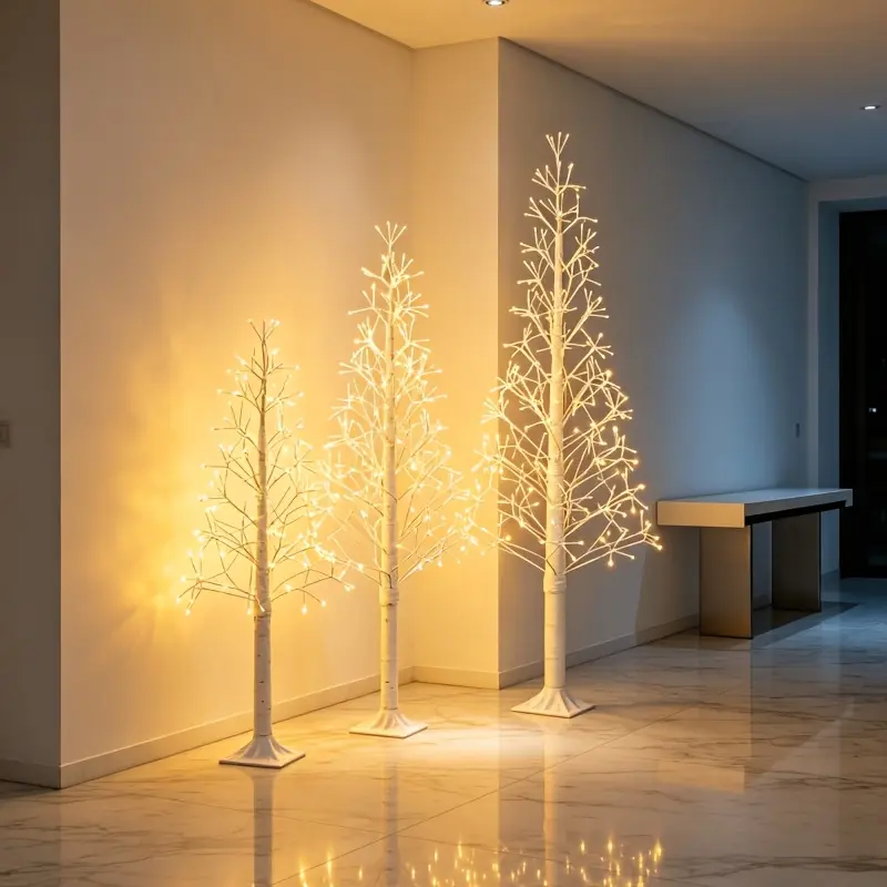 Lighted LED Birch Tree - 4ft/5ft/6ft Triangle, Warm White USB-Powered Artificial Tree with Free-Hanging Small Ornaments, for Home Holiday Decor, Festive Occasions