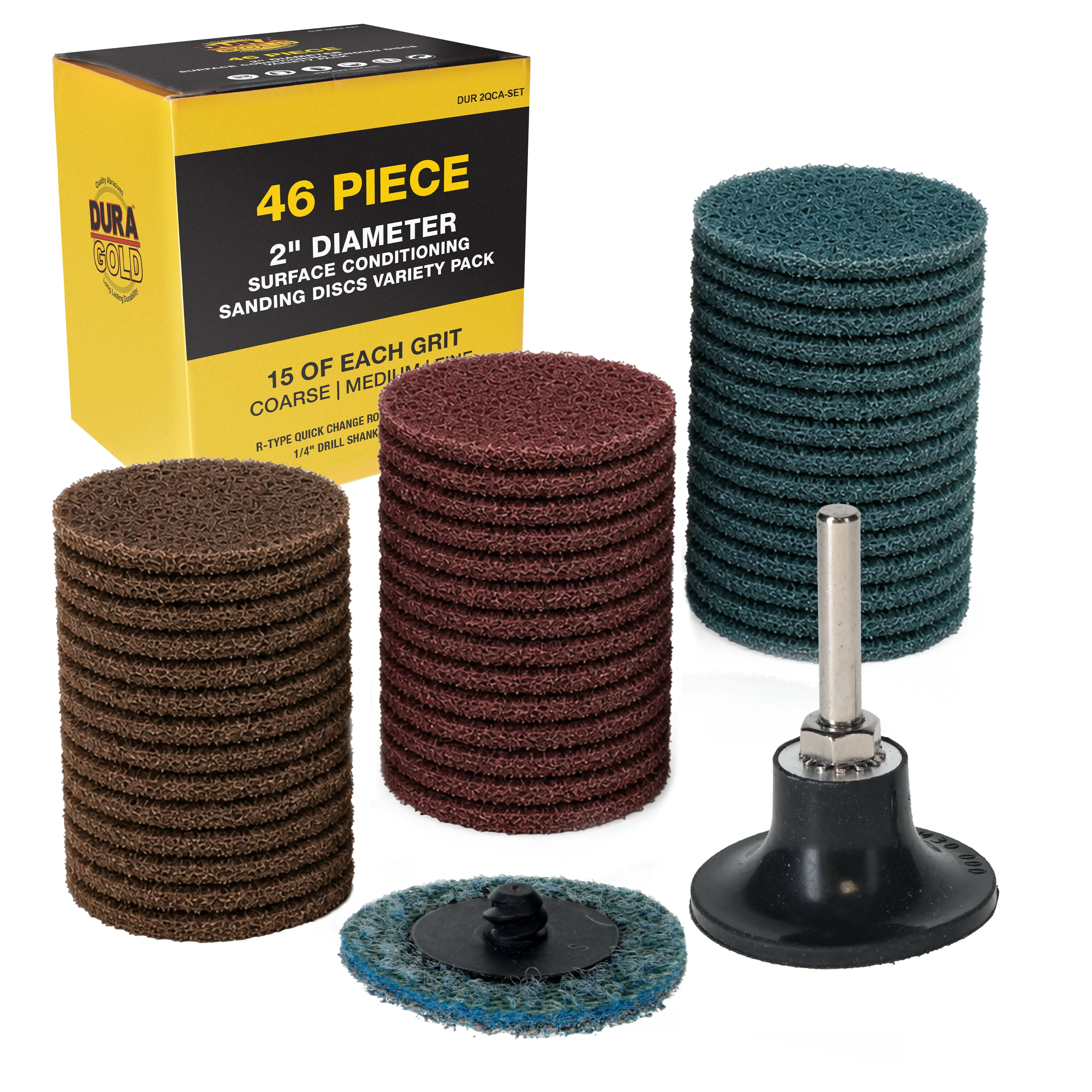 46-Piece 2" Diameter Surface Conditioning Sanding Discs Variety Pack - 15 Each Coarse, Medium, Fine Grit Discs, R-Type Quick Change Connection, 1/4" Drill Shank Backing Pad