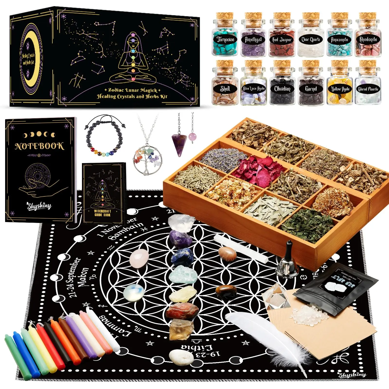 2025 New Witchcraft Supplies Kit, 80Pack Witch Starter Kit Wiccan Supplies and Tools Witchy Gifts for Beginners, Spell Candles, Chakra Healing Crystal