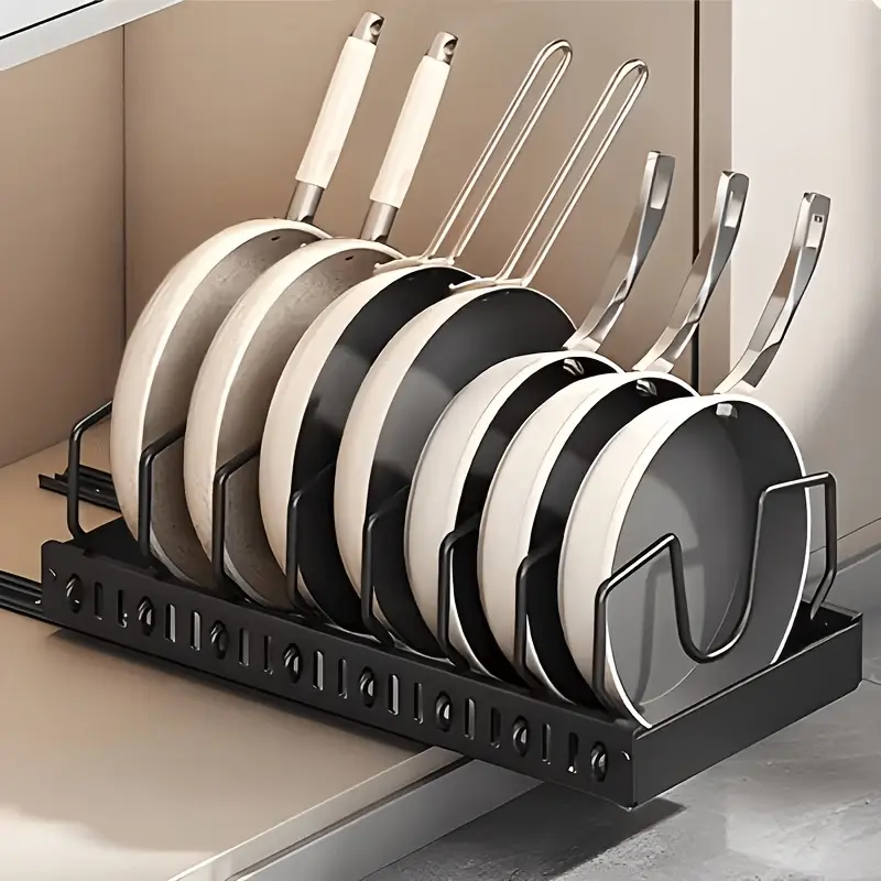 Smooth Steel Pull-out Cabinet Cookware Storage Organizer - Sliding Lid & Pan Holder with 8/16 Adjustable Dividers, Mountable In-cabinet Slide Compartment for Easy Installation, Holds Lids, Baking Tools, Plates, Flat Tableware