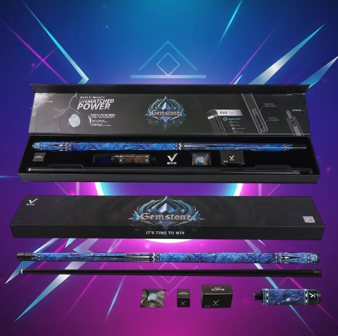 EVO Gemstone Maxbing Edition – Skyflare Pool Cue with Glass-Fiber Shaft, Carbon Butt, Thin Conical Taper, 12.5mm EVO Tip, and Complete Player Kit
