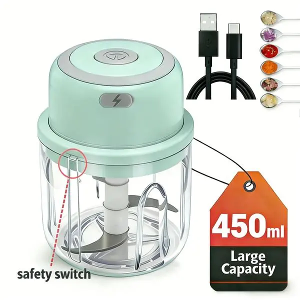 Cordless Electric Garlic Chopper – USB Rechargeable Mini Food Grinder for Garlic, Chili, Nuts & Kitchen Prep (15.22 oz)