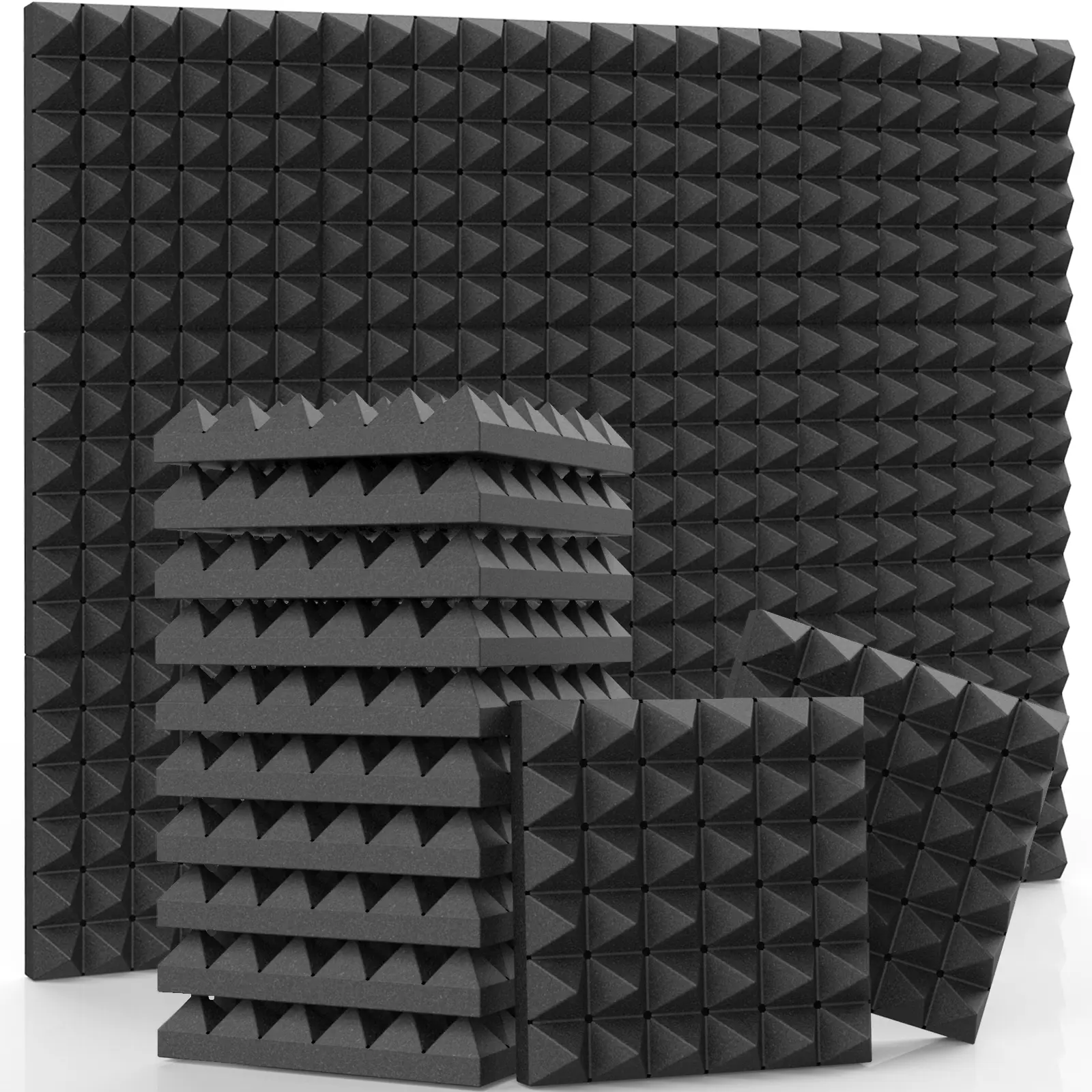 24-Pack 12x12x2 In High-Density Fire-Resistant Black Pyramid Acoustic Foam Panels, Sound-Absorbing for Home Studios, Podcast Rooms, Office Conference Rooms, Gaming Setups (Musical Instrument Accessory), Fireproof