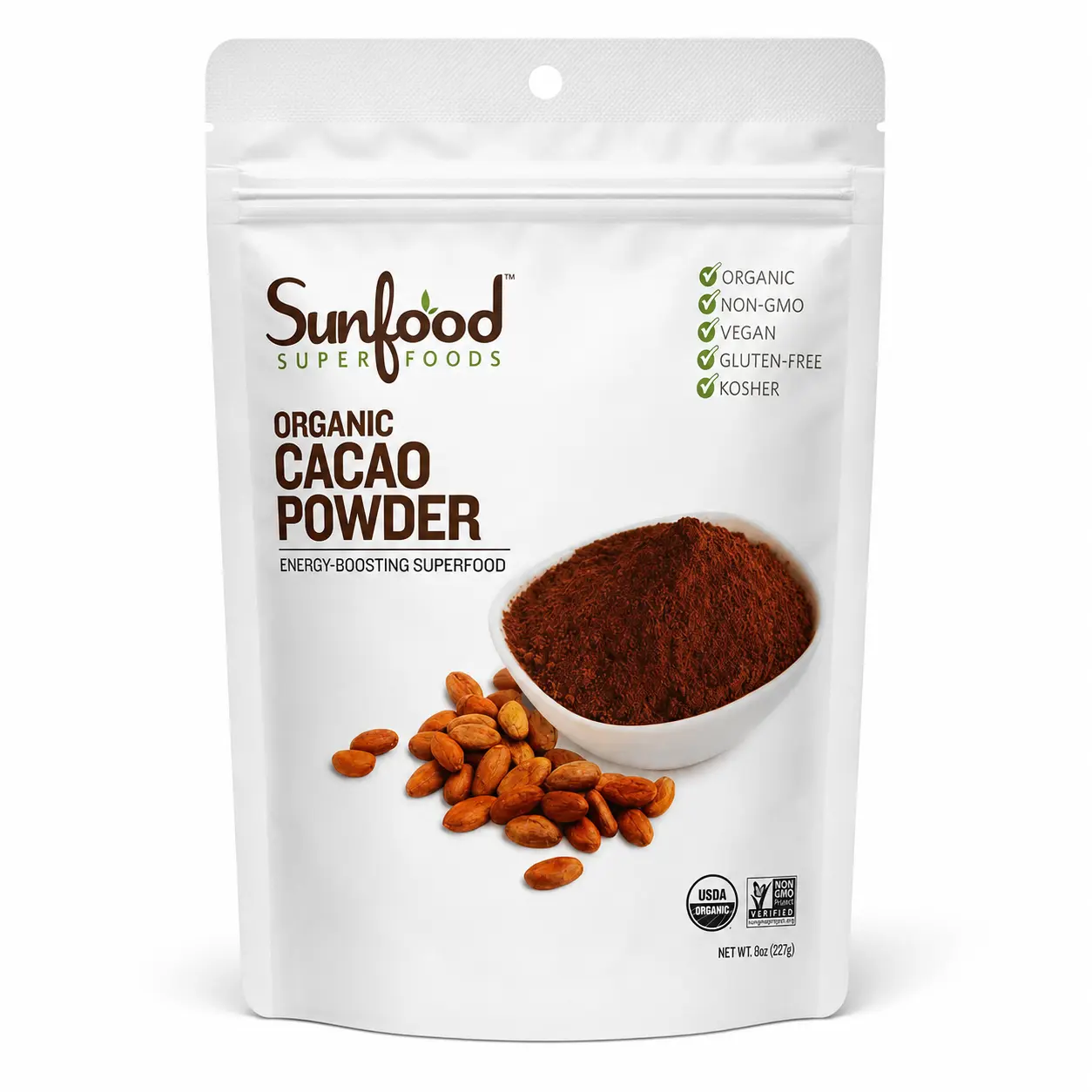 Sunfood Superfoods Organic Raw High-Quality Cacao Powder - 8 oz Convenient Size, Pure Cocoa Flavor, Natural Ingredients for Chocolate-Malted Drinks