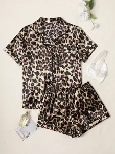 2pcs Satin Leopard Print Short Sleeve Shirt With Collar And Bowknot Shorts Pajama Set For Women, Spring