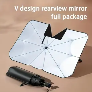 Car Windshield Sun Shade Umbrella, V-Design Rearview Mirror Full Coverage Foldable Sun Visor, UV Blocking Heat Insulation Car Sun Protector for Most Vehicles