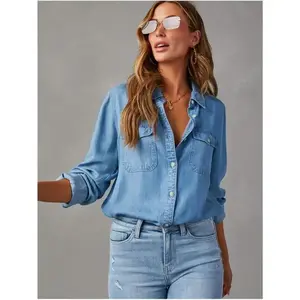 2024 Women’s Long Sleeve V-Neck Casual Chambray Denim Button-Down Blouse/Top