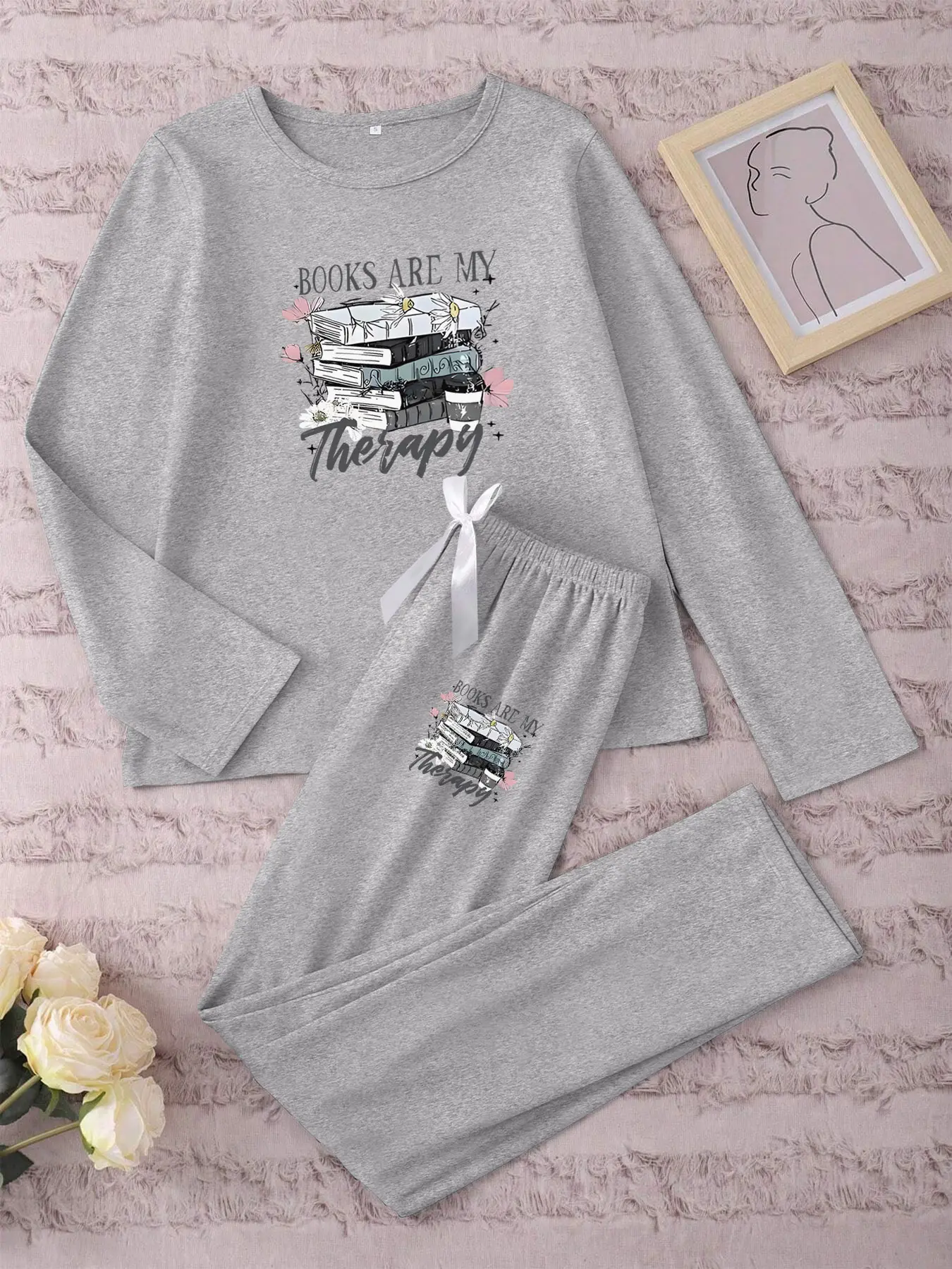 Women's Long Sleeve Pajama Set, Book Print Sleepwear, Casual Fitted Nightwear, Spring & Fall Comfortable Loungewear, Pjs