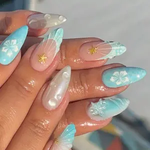24pcs Beach Vibes Nails, Long Sharp Shape, Nude & Light Blue Gradient, Hand-Painted Flowers, Shell, Gold Star, Pearl Bubbles, Easy Application