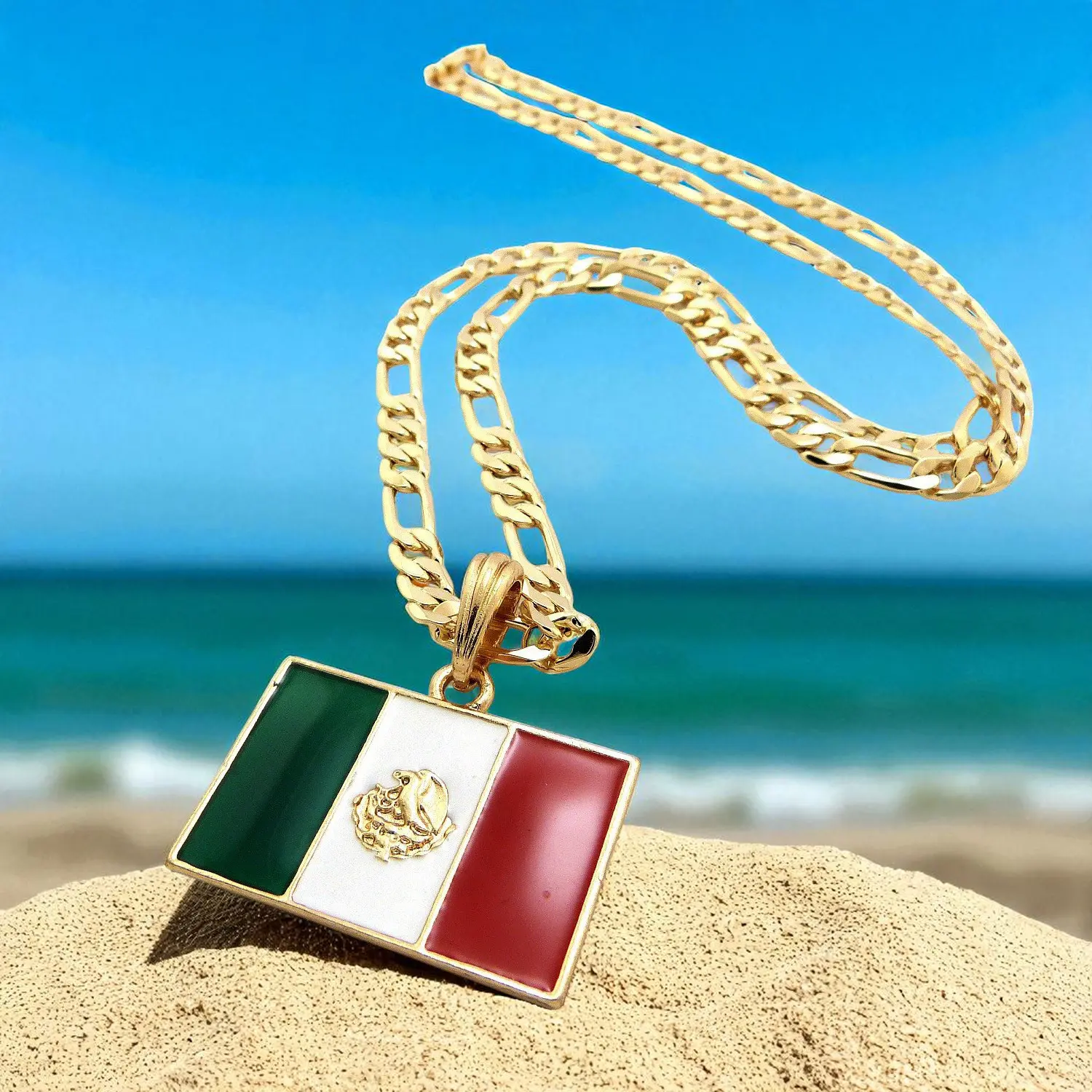 MaxBling81 Mexico Flag Gold Plated Pendant & 5mm 14k Stamp Brass Figaro Chain Hip Hop Necklace, 20"-24" Length, Unisex Fashion Costume Jewelry for Men & Women
