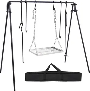 Swing Campfire Grill Stand - Collapsible Campfire Cooking Rack with 6 Hooks & Stainless Steel Grill Grate, Portable Dutch Oven Hanger for Outdoor Camping, Cookware, Bonfire, Rectangle