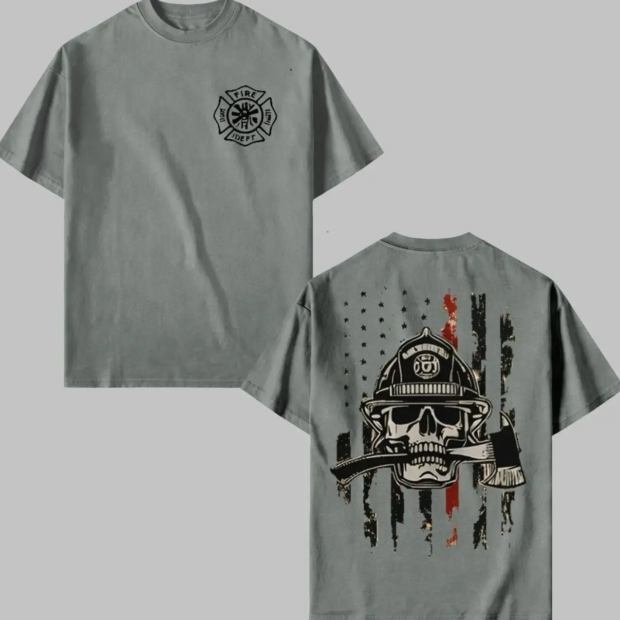 Men's Classic Short-Sleeve Round Neck Cotton Tshirt - Breathable Soft Menswear Tee, Stylish Firefighter Skull & Thin Red Line Flag Graphic, Casual Tactical Streetwear Gift for Firemen AM8